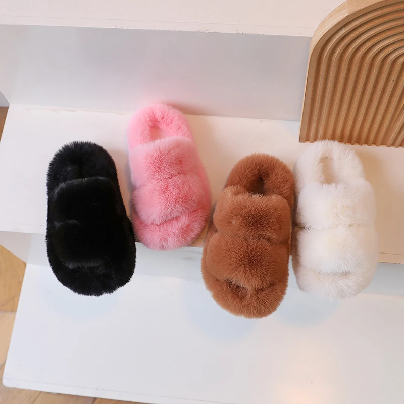 Winter Children Shoes Girls Slipper Luxury Warm Indoor House Flats Casual Shoes Plush Fur Slippers for Girls Pink Black White