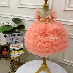 Delicate Ruffles Pleated Girls Dresses Luxury Beading Ruffled Short Tulle Dress For kids Cute Bow Back Birtyday Party Dress Chil
