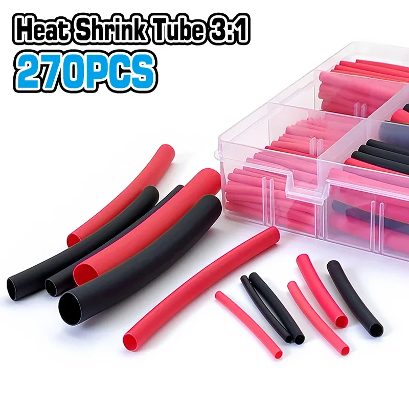 270Pcs 3:1 Shrink Polyolefin Tubing Black Red Flame Retardant Sleeve LED Light Wire Joint Insulating Waterproof Protective Wrap