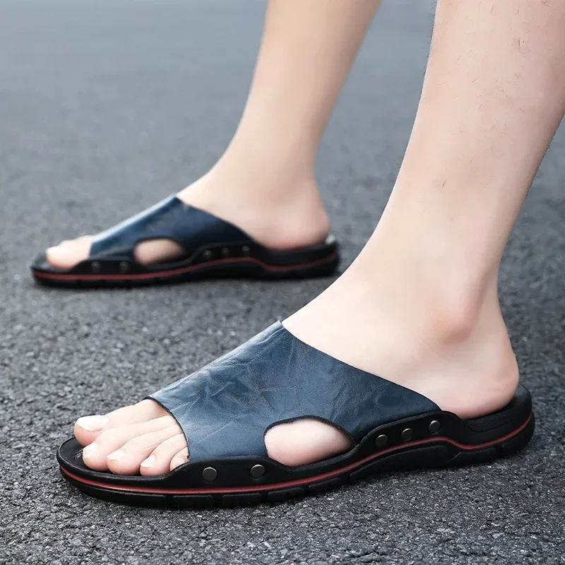 Classic Summer Men Slippers Soft Black Slippers Big Size Mens Beach Outdoor Sandals PU Leather Lightweight Slides for Men