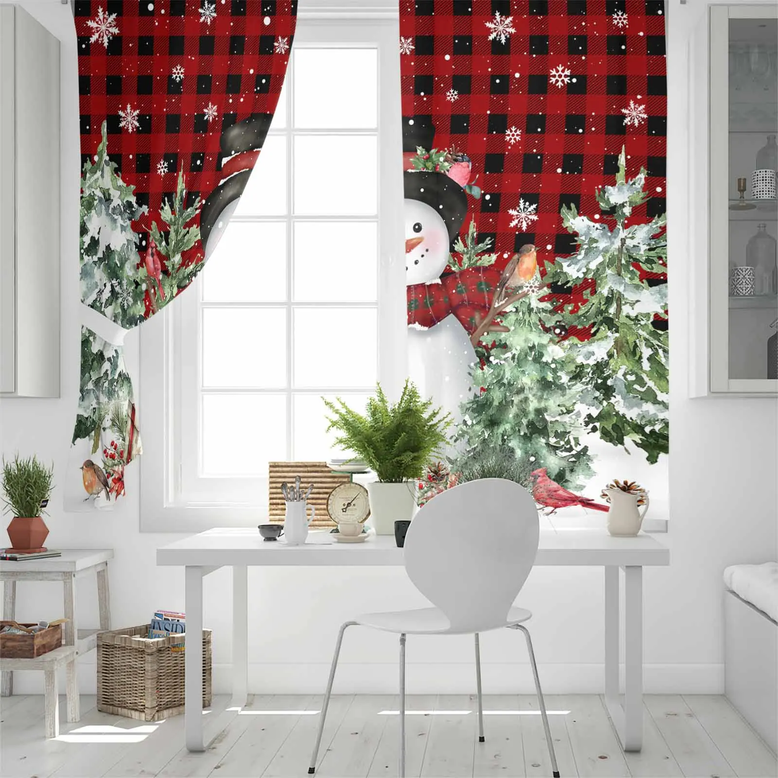 Snowman Christmas Tree Mockingbird Red Grid Living Room Bedroom Window Treatment Blinds Drapes Modern Kitchen Curtains