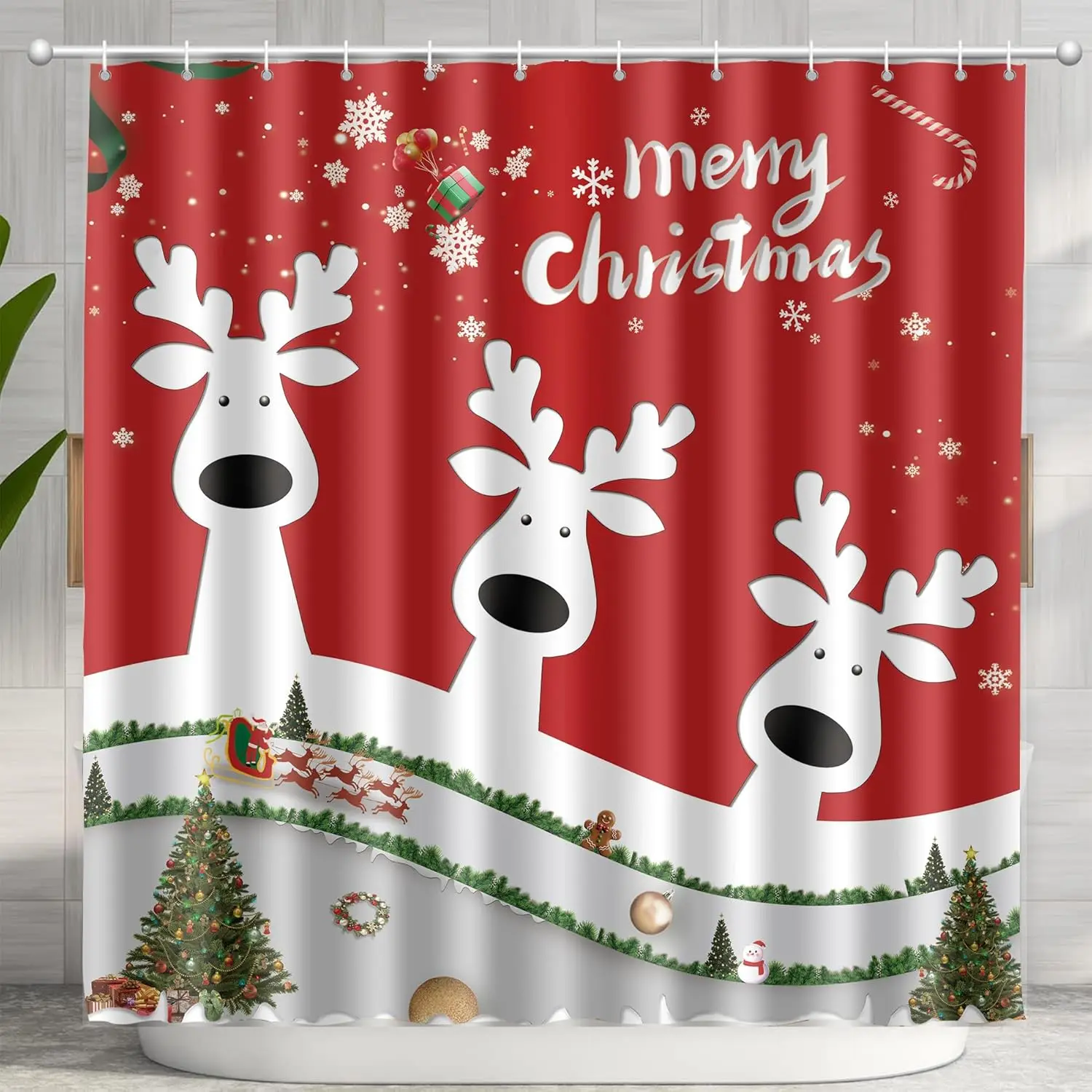 

Merry Christmas and Happy New Year Shower Curtain,Santa Claus Elk Snowman Home Bathroom Decor, Bath Curtain with 12 Hooks