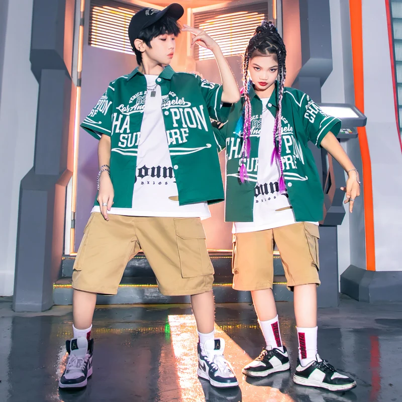 Kids Concert Outfits Hip Hop Clothing Green Print Shirt Street Khaki Cargo Shorts For Girls Boys Jazz Dance Costume Clothes