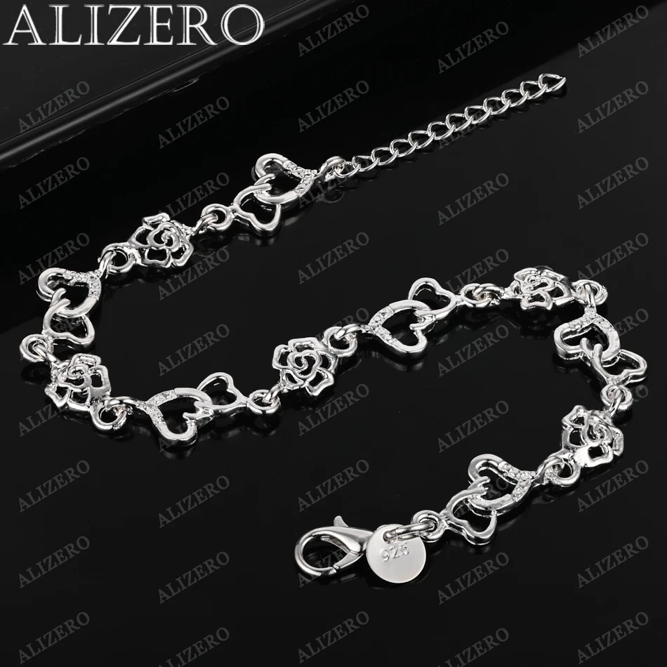 

ALIZERO 925 Sterling Silver Bracelet Hearts Rose Flowers Bracelets for Women Wedding Party Fashion Fine Jewelry Gifts