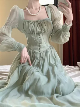 Vestido de fiesta de princesa elegante para Mujer, cintura alta, corte en A, con cordones, otoño, primavera, bata de graduación Vintage francesa, Vestidos de una pieza para Mujer, nuevo