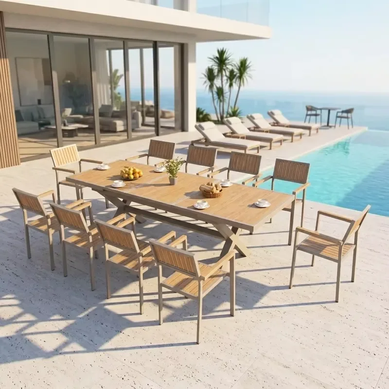 Source Factory Aluminum Telescopic Outdoor Table Extendable Plastic Wood Patio Dining Table for Wholesale and Distribution