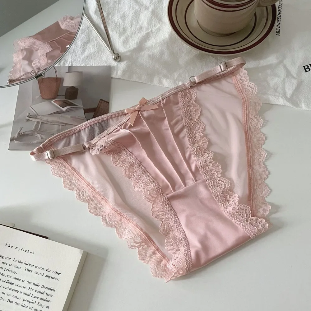 

Sweet Low Waist Lace Panties Bow Transparent Mesh Briefs Lingerie Satin Silk Lace Thin Underwear Lady