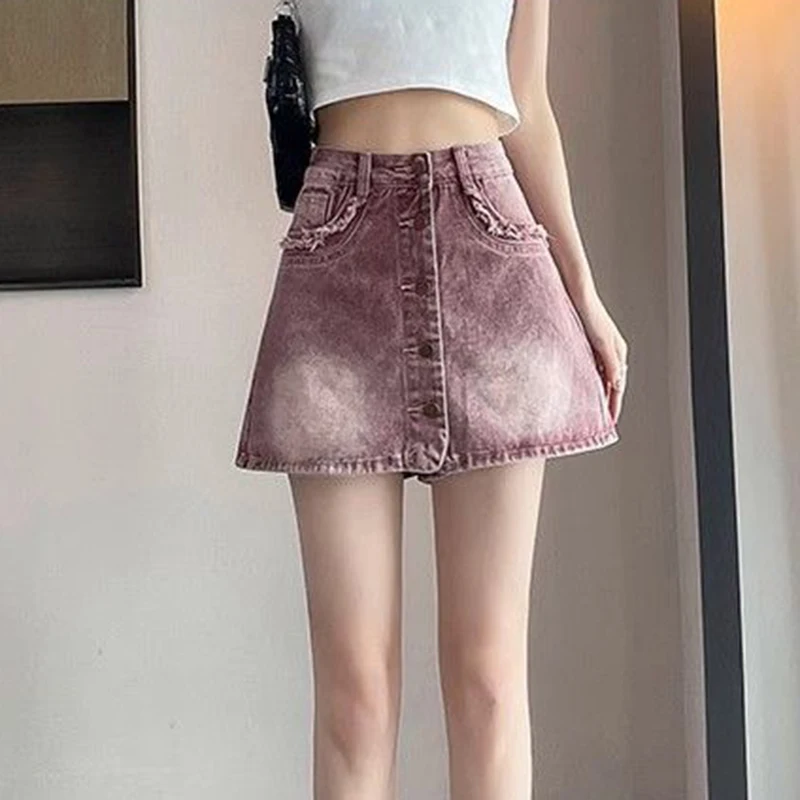 

Cowboy short skirt, women's half body skirt, summer 2024 new high waisted, slimming, spicy girl with button up A-line skirt