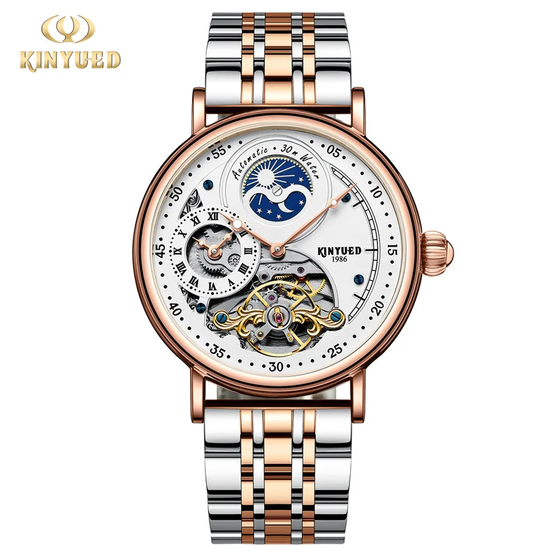 

KINYUED Роскошные механические часы с двойным временем для мужчин, водонепроницаемые модные часы из нержавеющей стали с фазой Луны, скелетон, турбийон, мужские часы