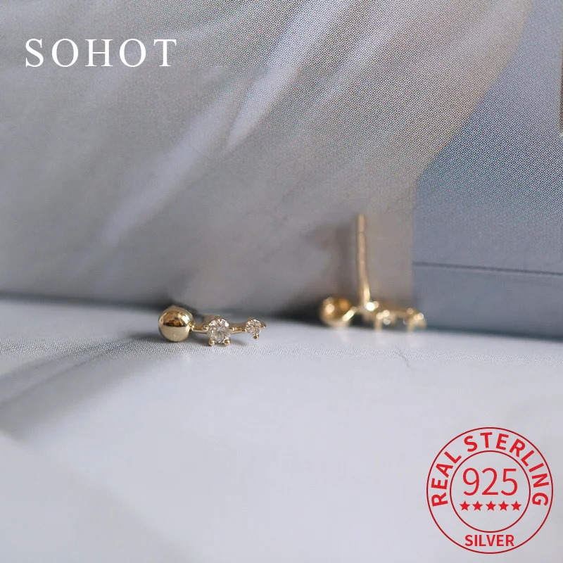 Real 925 Sterling Silver Elegant Zircon Geometric Stud Earrings for Charming Women Exquisite Fine Jewelry Accessories