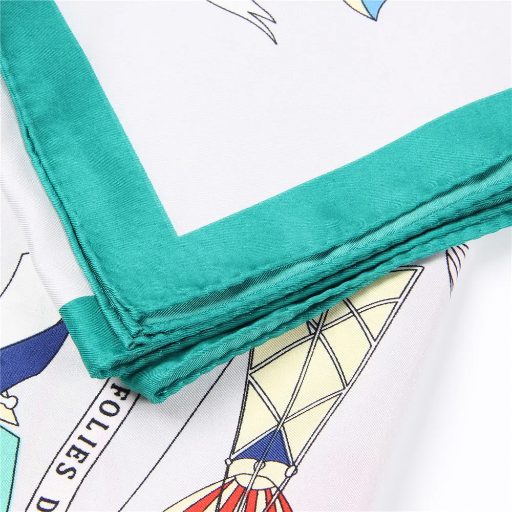 Manual Hand Rolled Twill Silk Scarf Women Fly Boat Print Square Scarves Wraps Echarpes Curled Foulards Femme Bandana Hijab 90CM