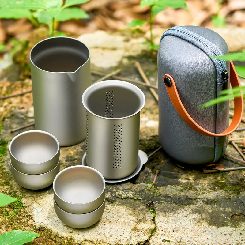 Portable Pure Titanium Kung Fu Tea Set Double Layer Insulated Titanium Cup Outdoor Camping Quick Filter Tea Maker Ultralight Tit