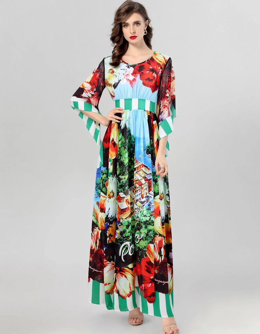 فستان نسائي طويل بطبعات زهور وناظر طبيعية خلابة - رقبة على شكل حرف V، أكمام جرس متدفقة صيفية بوهو بيتش فيستدوس