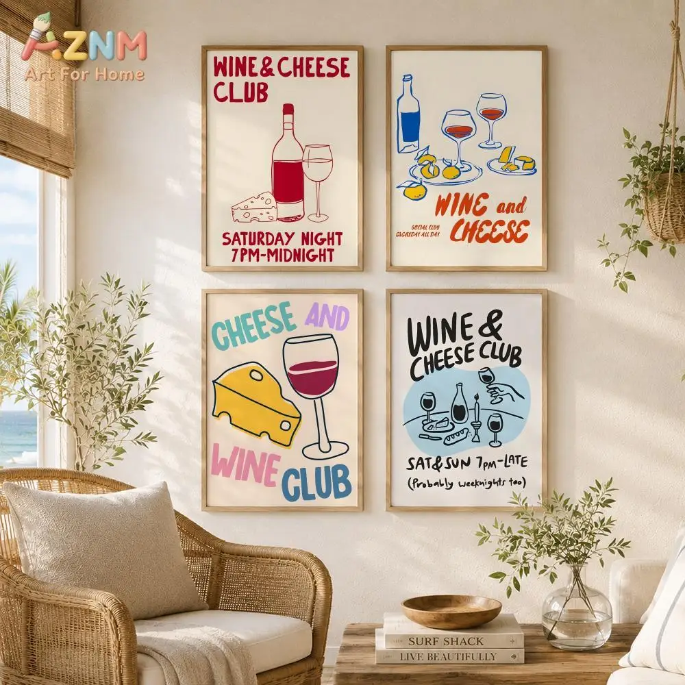 AZNM Wine & Cheese Club Canvas Wall Art Hand Drawn Wine Bottle Cheese Sketch Print Bar Dining Room Trendy Decor Poster Unframed