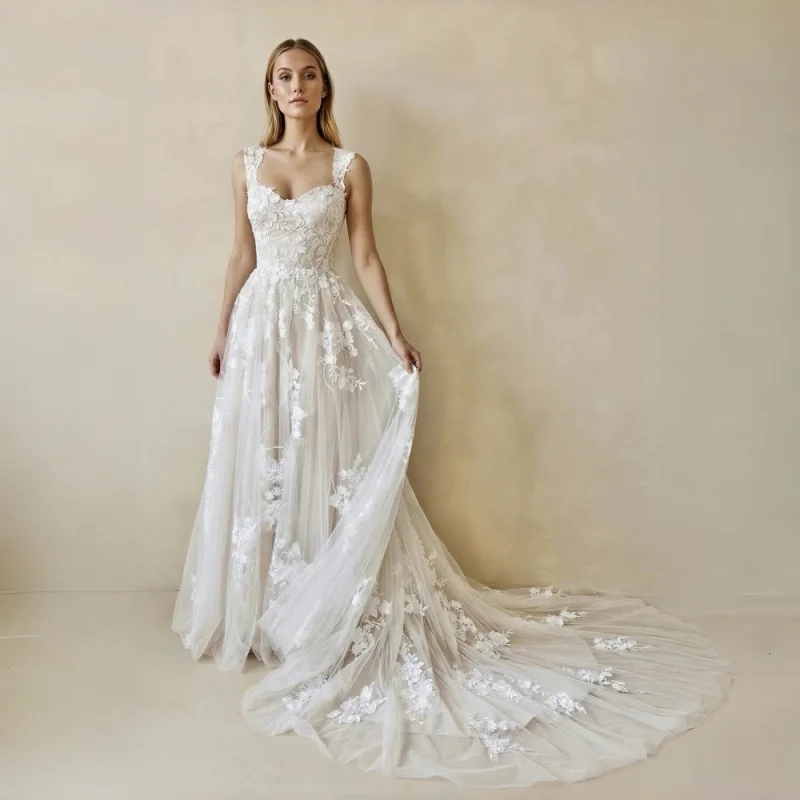 

Bohemian Lace A-Line Wedding Dress Detachable Off-Shoulder Lace Sleeves With Long Train Evening Gowns Customizable