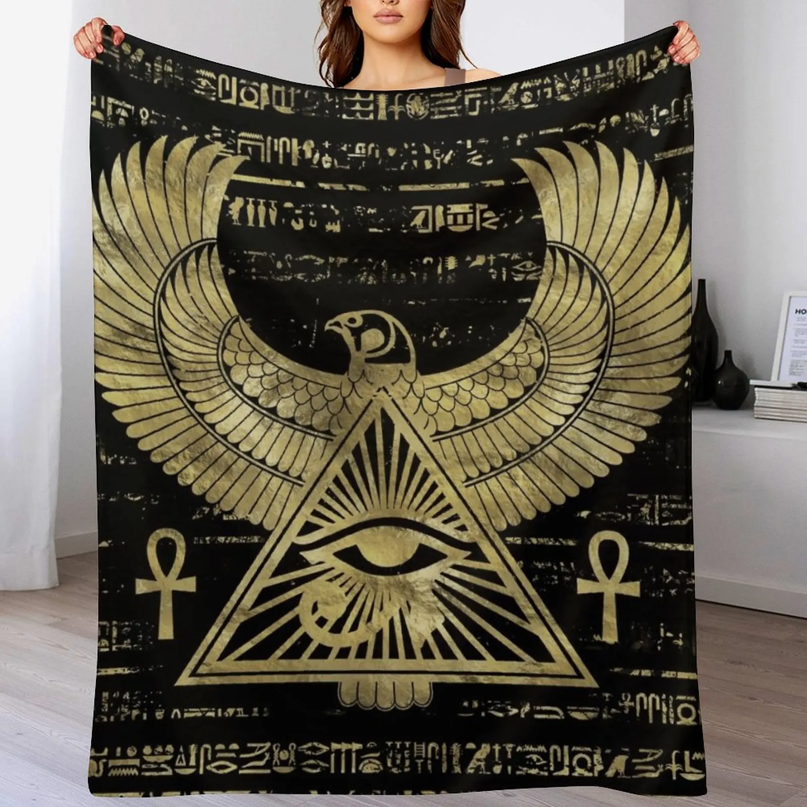 

Egyptian Eye of Horus - Wadjet Gold and Black Throw Blanket blankets ands Camping funny gift Blankets