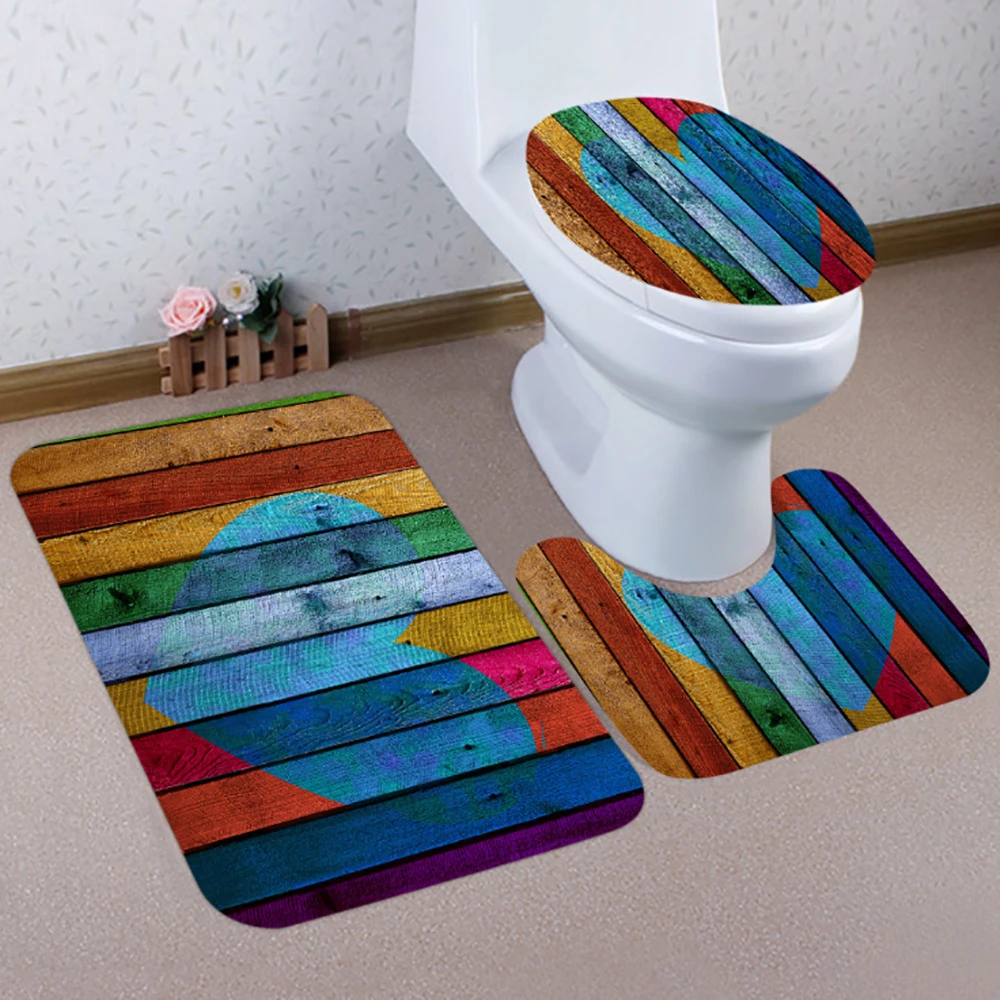 

Striped Bathrom 3-piece Colorful Rainbow Striped Pattern Bathrom Carpet Toilet Mat easy to Clean Durable Super Soft Absorb Water