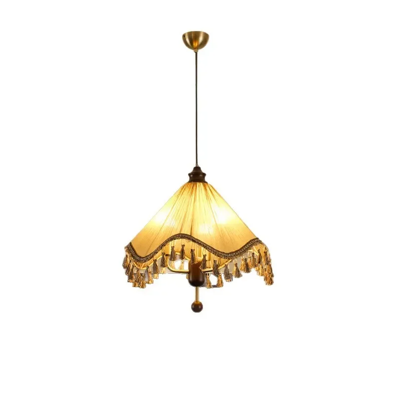 French Retro Fabric Chandelier Solid Wood Fringe Pendant Light for Bedroom Study Bar Dining Room Medieval Style Ceiling Lamp
