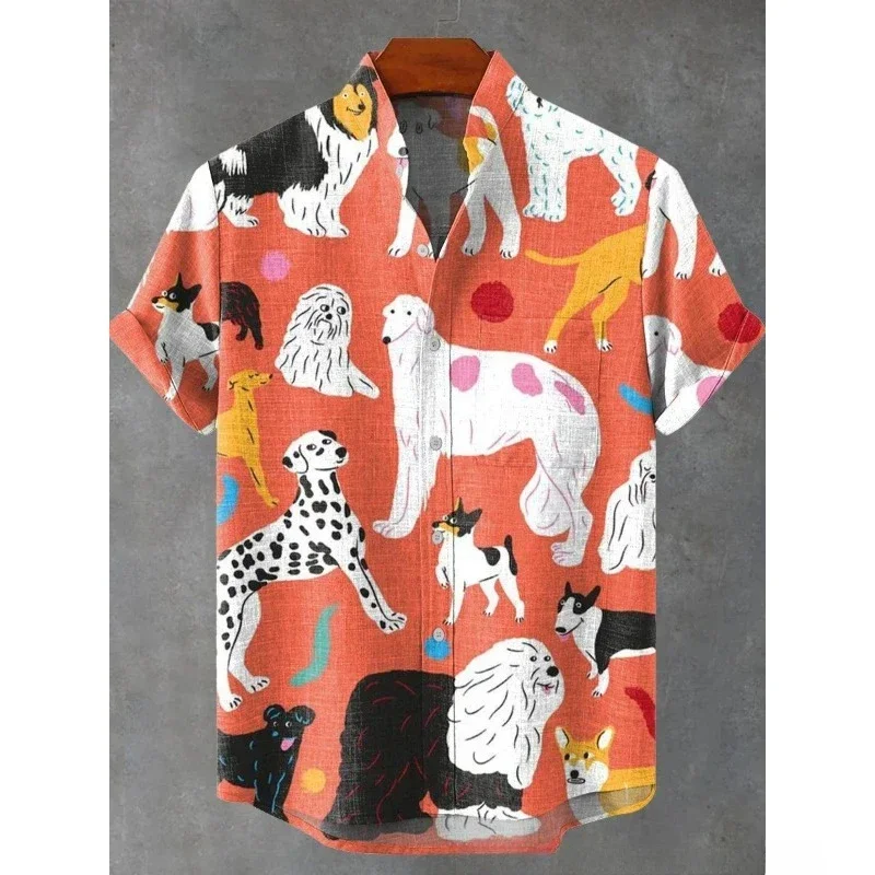 Baju Pria Musim Panas, baju atasan bersaku motif anjing kartun lucu musim panas Hawaii, baju Harajuku Streetwear kancing bawah