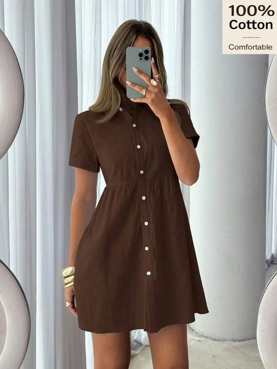 

Womens Cotton Button Down Shirt Dress A-Line Mini Dress Casual Summer