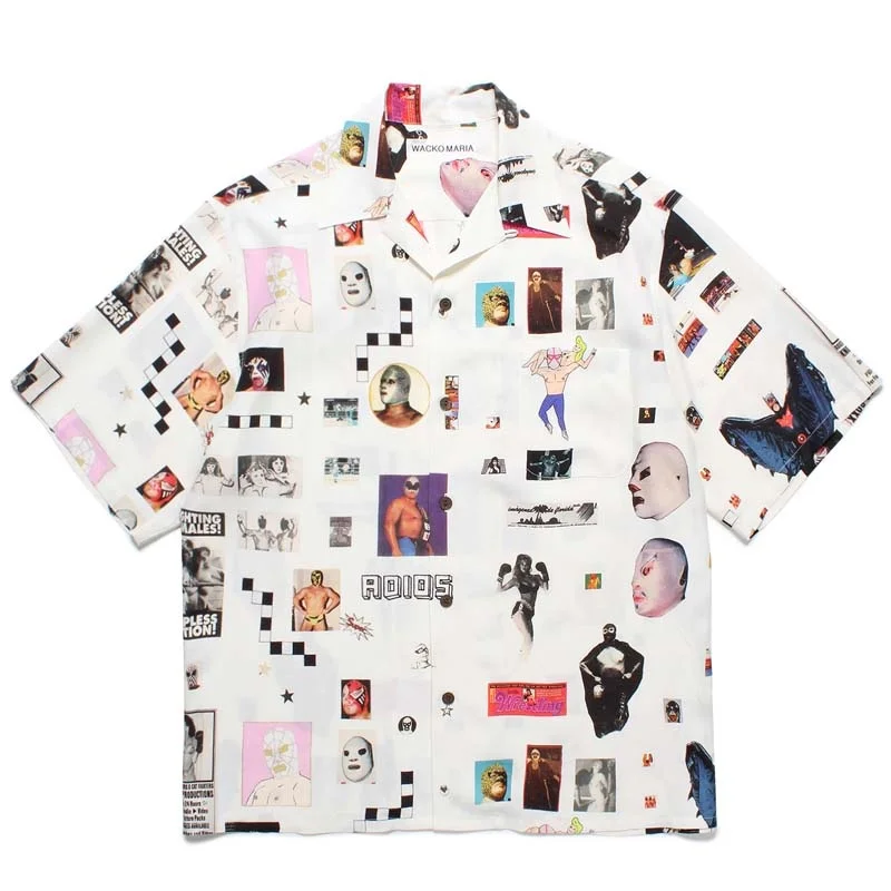 WACKO MARIA Creative Figures Masks Abstract Art Casual Fashion Brand Hawaii Short Sleeve Shirt Summer Mens Womens Shirts