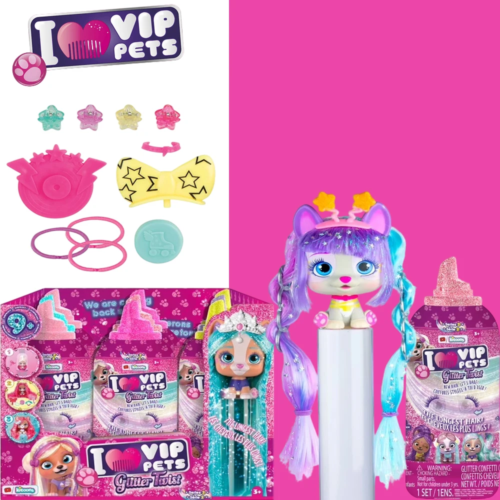 VIP Pets Surprise Hair Reveal Series 2 Glitter Twist Peinado largo para muñecas con pelo para peinados Juguetes Muñeca coleccionable