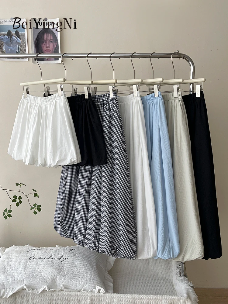 Beiyingni Japanese Style Women's Long Midi Bud Tutu Skirts Plaid Vintage High Street Summer Boho A-line Skirt Female White Jupes