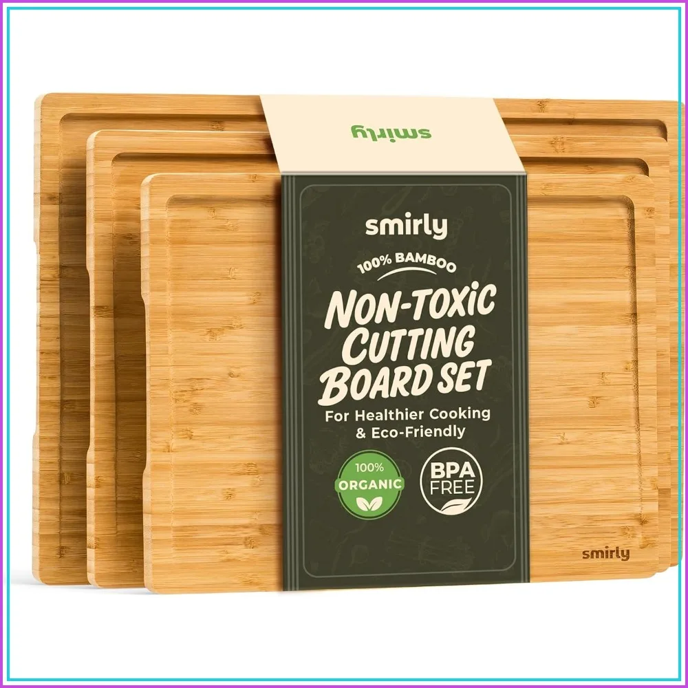 Juego de 3 tablas de cortar de bambú natural - Tablas de cocina con ranura para jugos y asa oculta