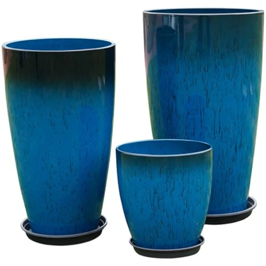 Indoor/Outdoor use, plastic, black, lightweight with drainage holes and saucers for 24, 21, 11 inch tall round planters set of