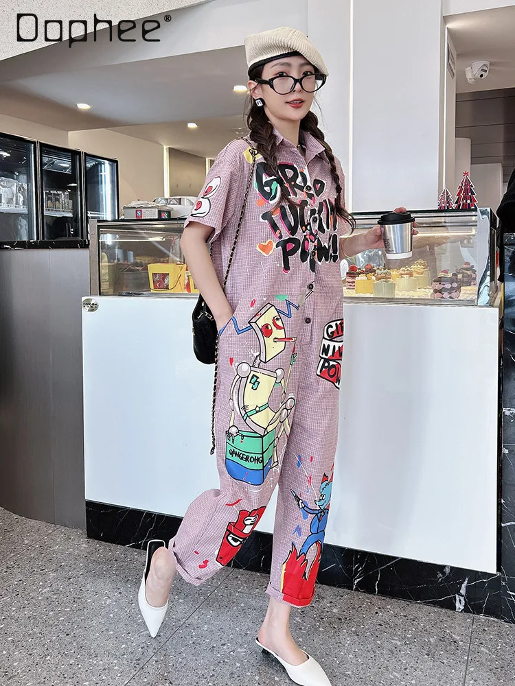 Fashion Plaid Jumpsuit Female 2024 Spring and Summer New High-Grade Loose Cartoon Letter Printed Harem Overalls for Women