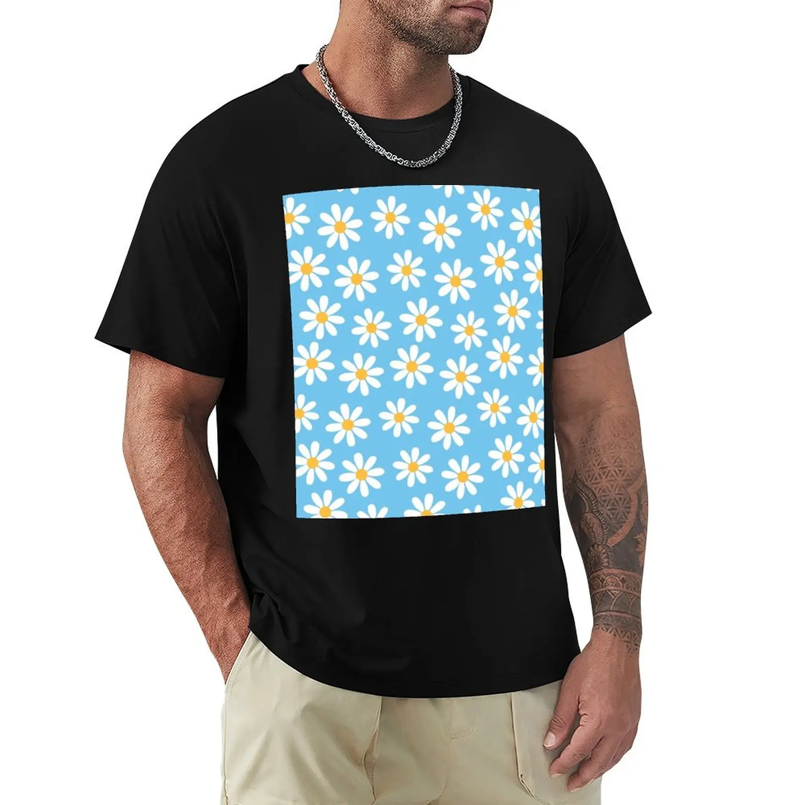 White Daisies on Blue Seamless Pattern Print T-Shirt Casual Basic Street Style T-Shirt