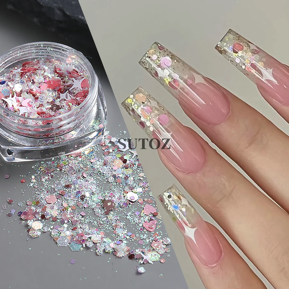 Sterren Nail Art Glitter Pailletten Roze Harten Zeshoek Ronde Holografische Kleurrijke Glanzende Vlokken Diy Manicure Decoratie LEBXMS-01