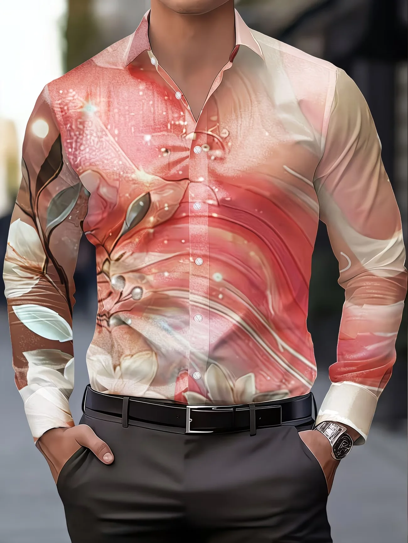 

New artistic style marble patterned shirt men's long sleeved shirt single breasted slim fit business top