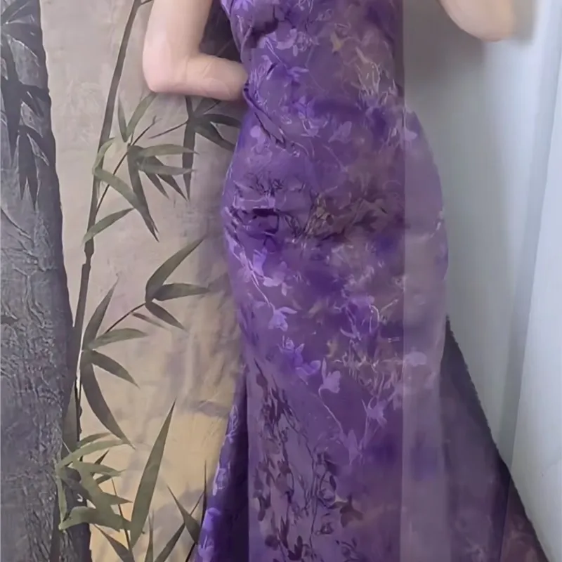 Purple tie-dye 23momme through-hole flower Luoxiang gauze fabric national style cheongsam dress 1.12 meters wide