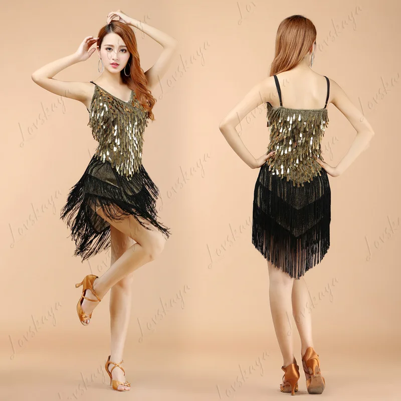 

Women Sleeveless Sequin Tassel Latin Dance Dress Adult Stage Competition Costume