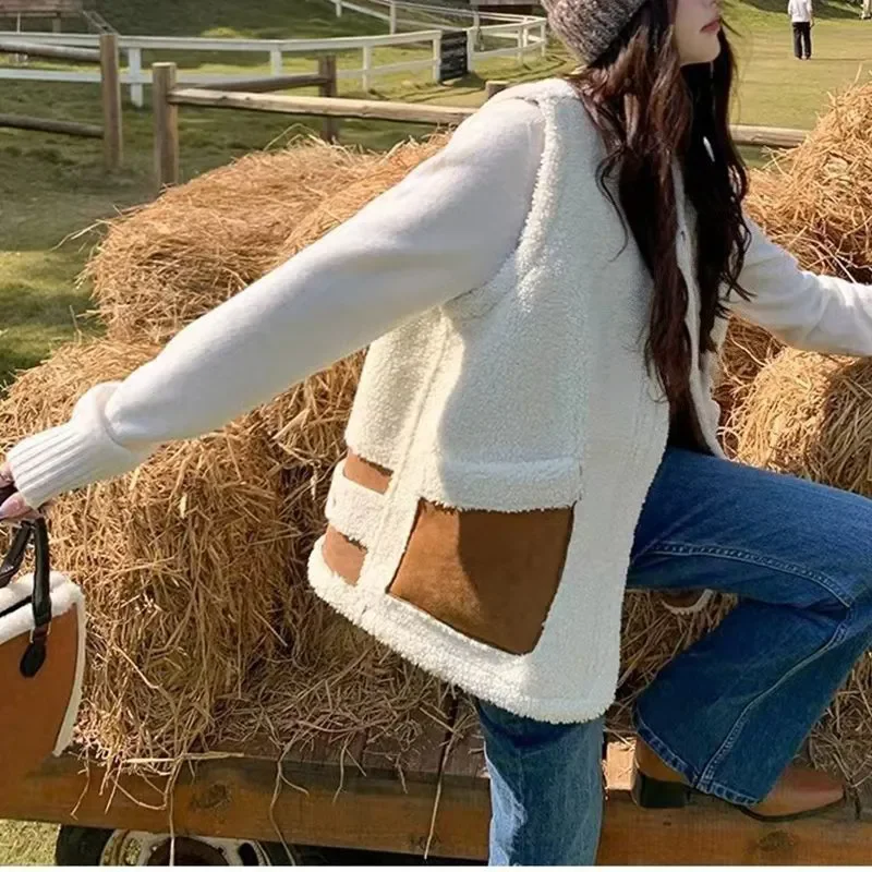 Baggy Vests Women Winter Waistcoats Sleeveless Korean Fashion Warm Cozy Clothes Spliced Designer Sweet Preppy Teens Minimalist