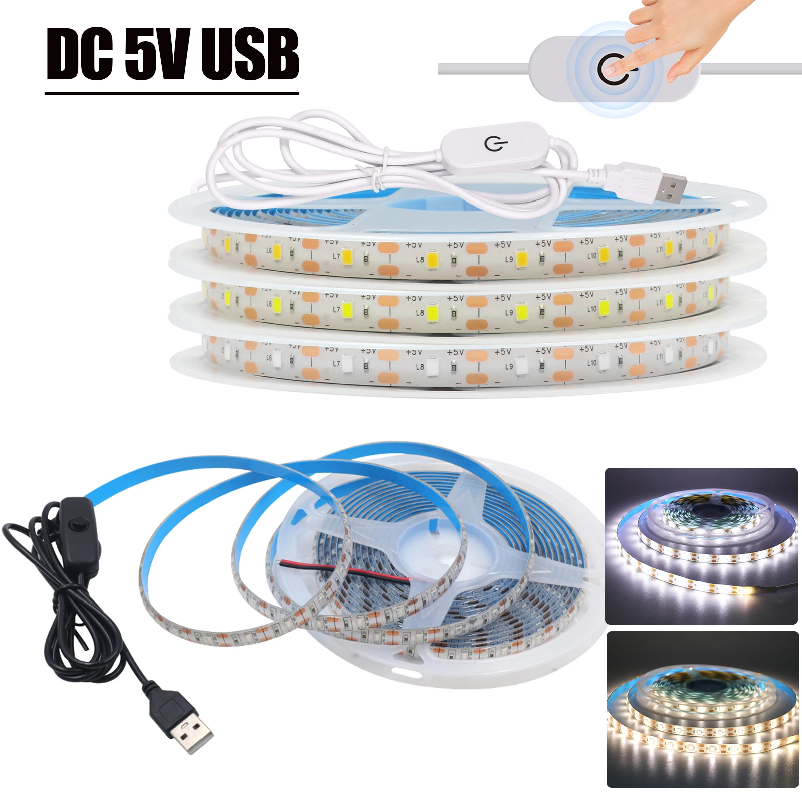 ไฟแถบไฟ LED แบบ USB 5V ยาว1ม. 2ม. 3M 4ม. 5ม. IP65 IP21สีขาว/อบอุ่นสีขาวประดับบ้านริบบิ้นยืดหยุ่นได้แสงไฟ