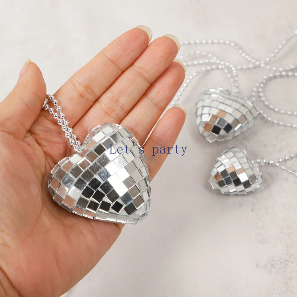 2/4Pcs Retro Mirror Disco Ball Heart Necklaces for 70s 80s Disco Music Theme Birthday Valentine's Day Wedding Party Favors Decor