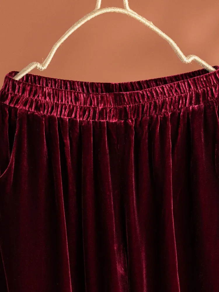 Light Luxury 30% Natural Mulberry Silk Velvet Pants, Women's Wine Red Versatile Wide Leg Pants, 2026 Fashionable Spring New