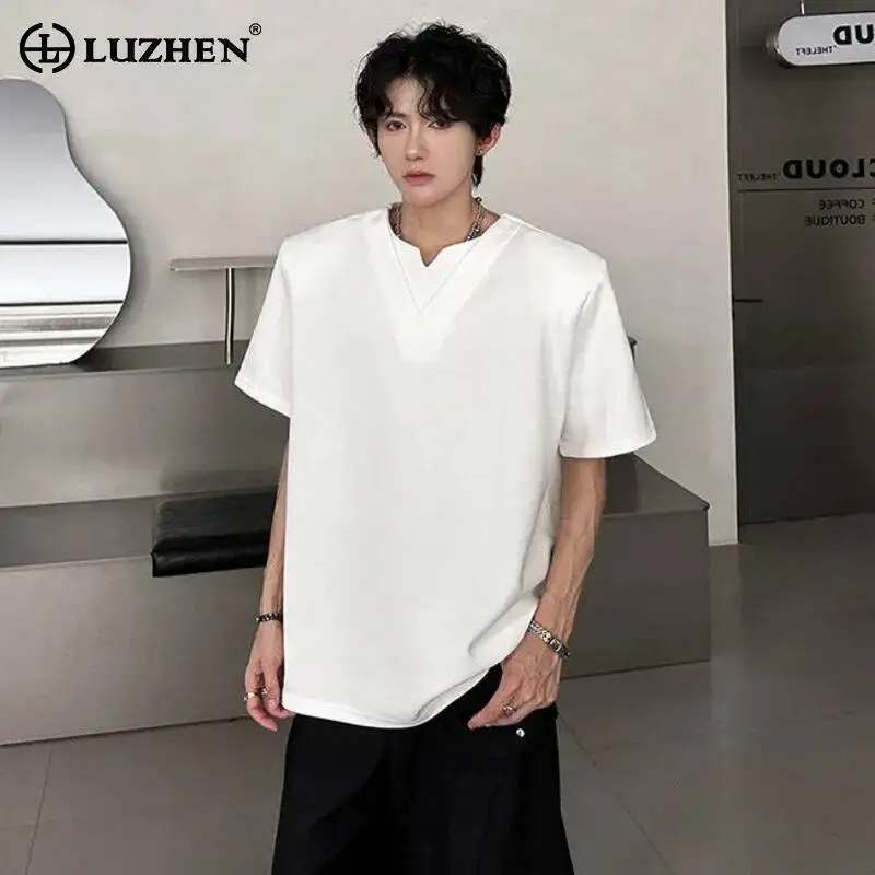 LUZHEN Sleeve Casual 2025 Elegant Summer Short Solid Color T-shirts Men's Korean Fashion Shoulder Pad Male Tops Clothes JY7144