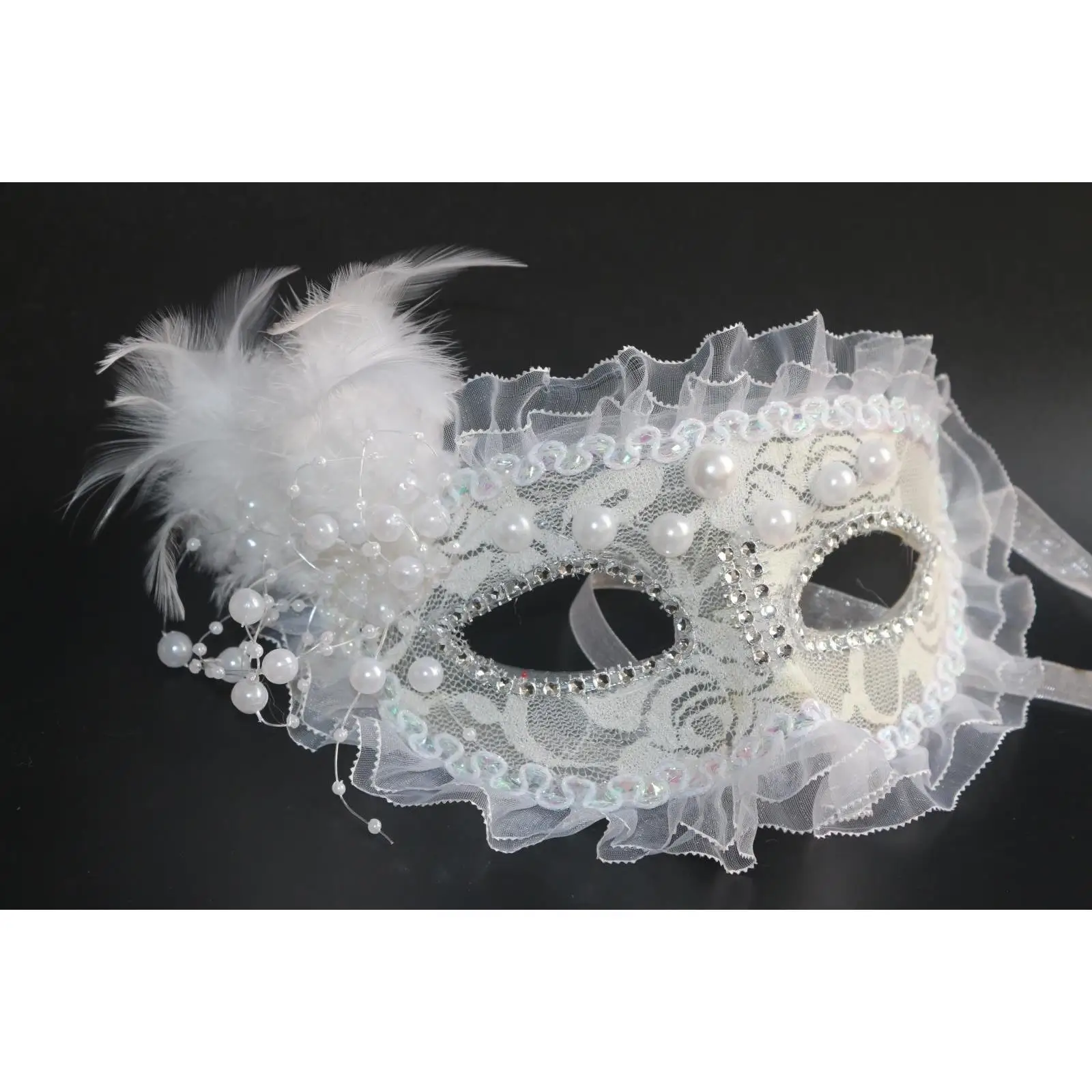 Halloween Womens  White Mask With Lace Beads Party Feather Mask