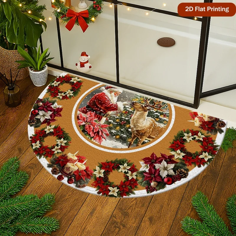 VIKAMA Christmas Poinsettia Semicircle Door Mat Non Slip Rug for Entryway Kitchen Festive Holiday Home Decor Washable Floor Mat