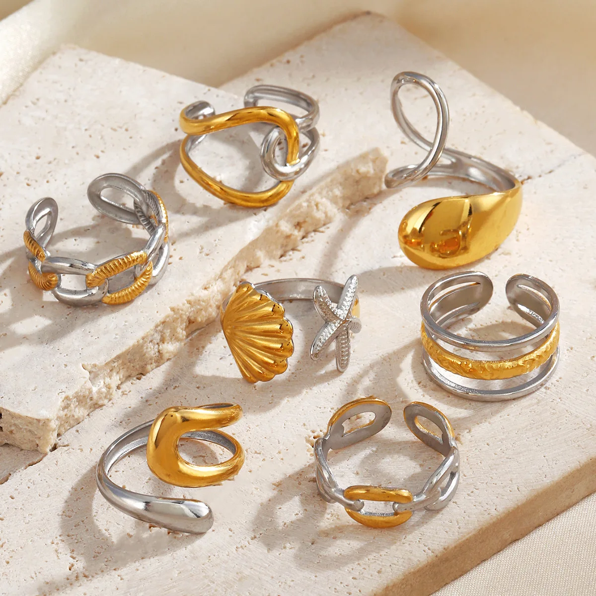 Vintage Gold Silver Color Geometric Ring Metal Irregular Two Tone Stainless Steel Adjustable Opening Rings Accessories Gifts