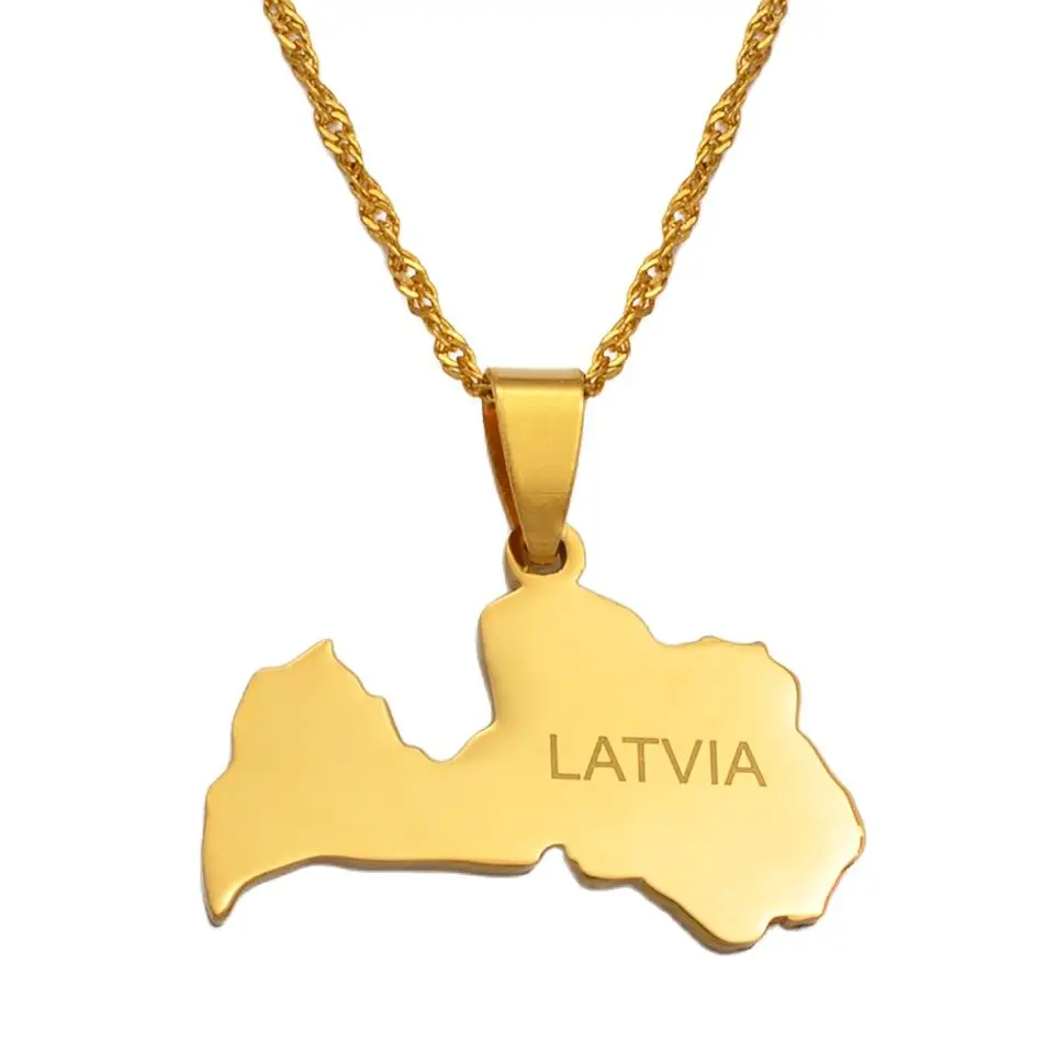 Anniyo Latvia of Map Pendant Necklace for Women Gold Color Latvijas Republika Maps Stainless Steel Jewelry #033721