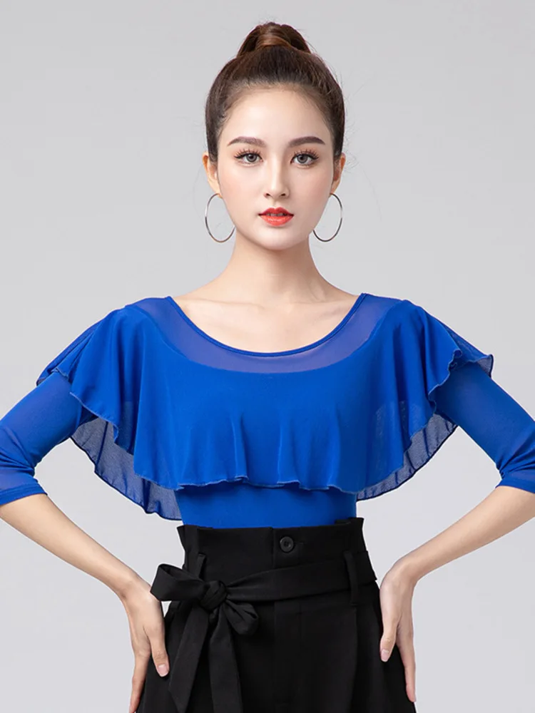 المرأة اللاتينية الرقص ارتداءها شبكة المرقعة انتفض الأكمام سليم صالح السالسا التانغو قميص تمتد تنفس الأداء ممارسة أعلى