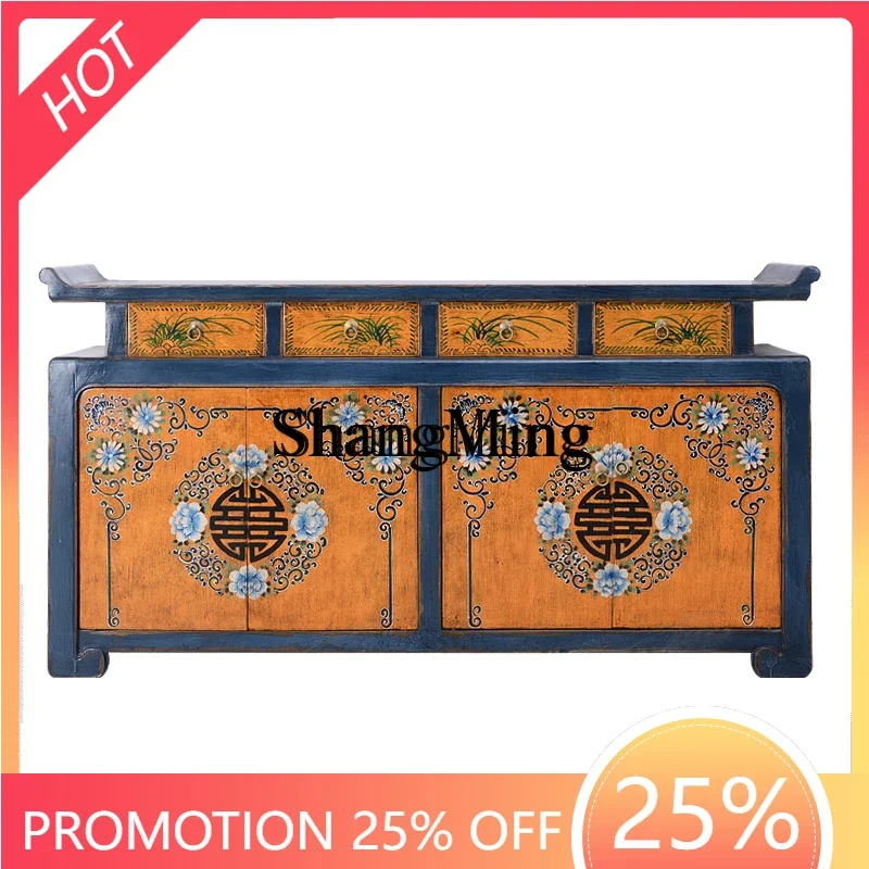 SM antique classic warped head solid wood dining side locker living room color paint Xuanguan table retro old furniture