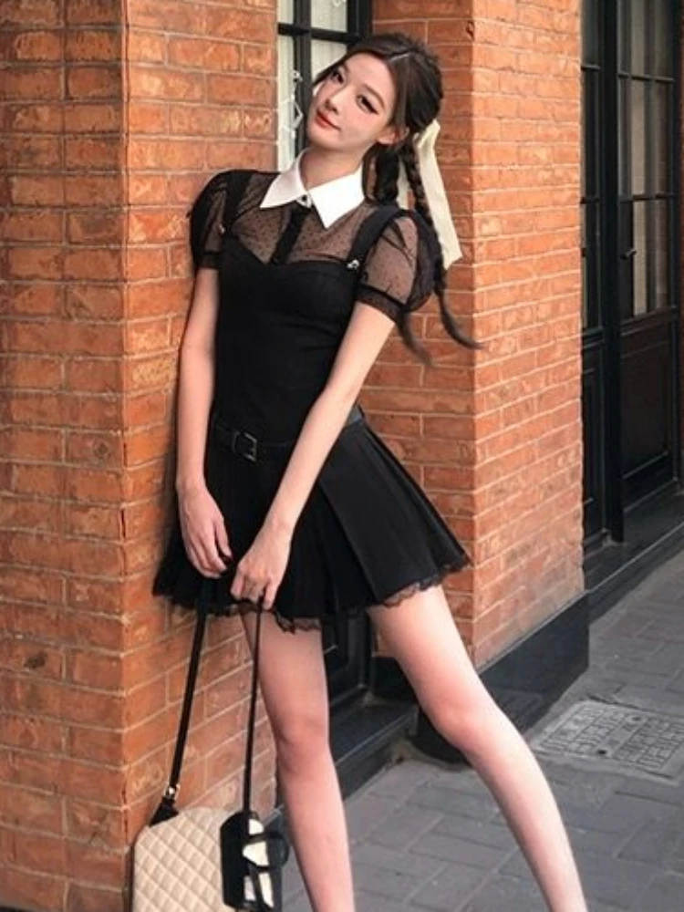 Lolita Gothic New 2 Piece Set Women Y2k Point Lace Blouse + Black Strap Mini Dress Female Korean Fashion Vintage Chic Suit 2024