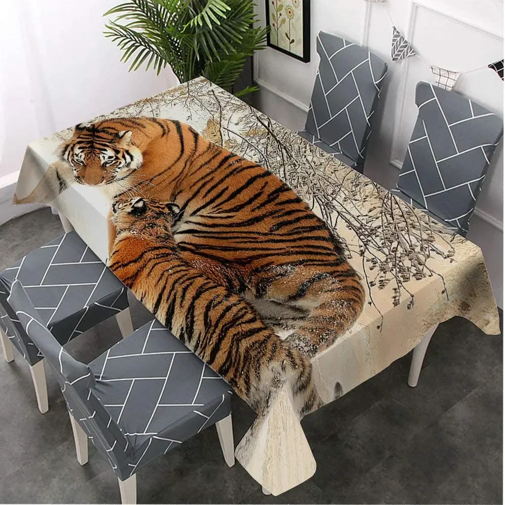 Decorative Rectangle Table Cloths Chinese Tiger Family Walking Winter Snow Have Dominant Temperament For Dining Bbq Picnic