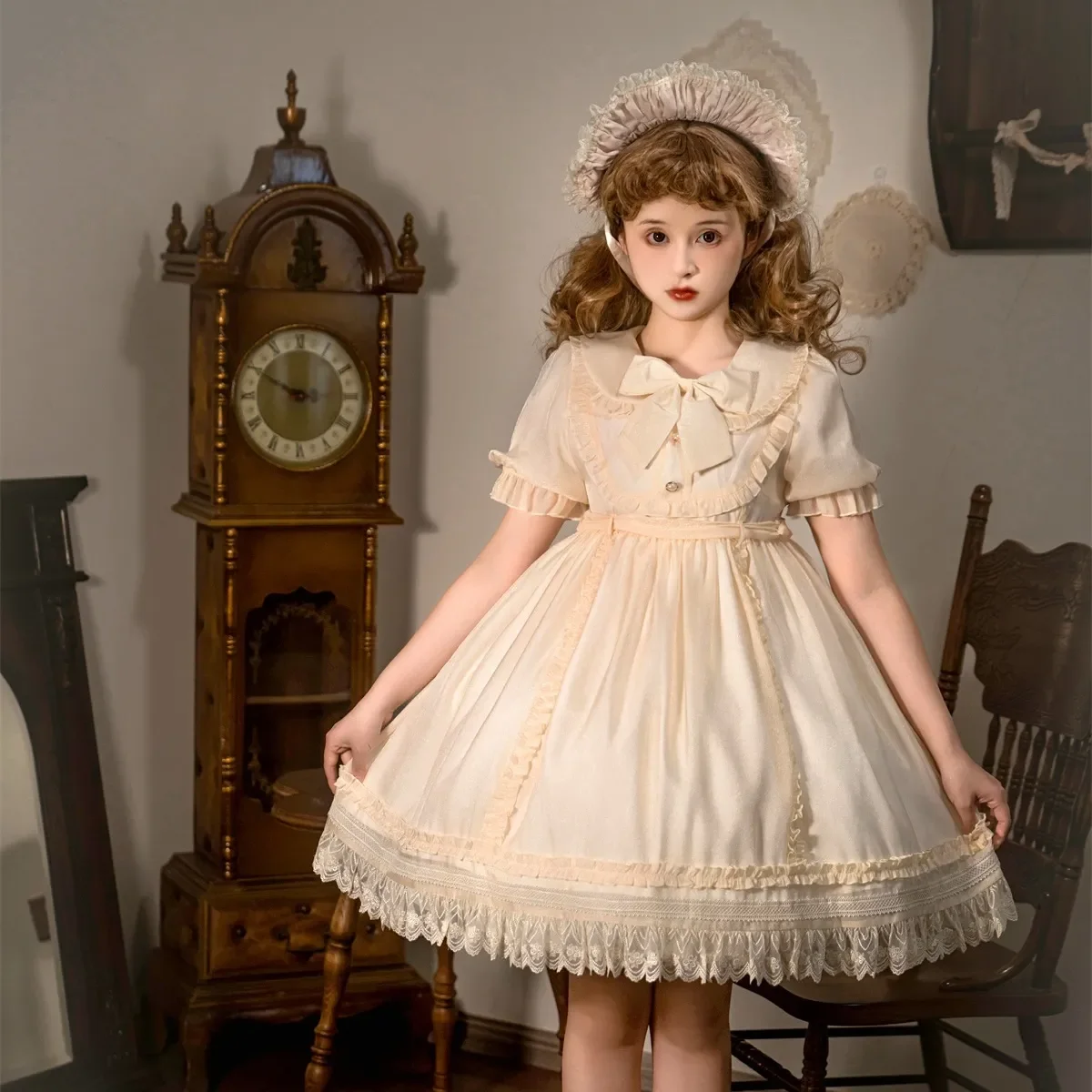 

NONSAR Victorian Vintage Lolita OP Kawaii Dress Women Puff Sleeve Doll Collar Mini Dress Sweet Bow Lace Ruffles Princess Dresses