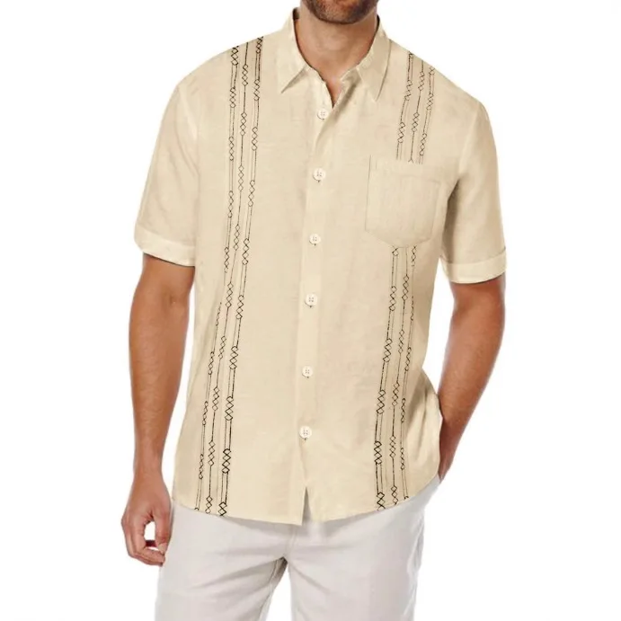 

2025 Summer New Fashion Men's Casual Trendy Striped Embroideried Linen Short Sleeve Turn-down Collar Single-breasted Shirts Male